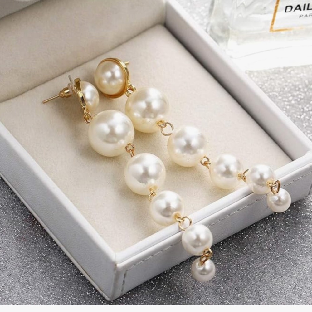 Women’s Pearl and Goldtone Drop Tassel Earrings 3.9" l x .78" w